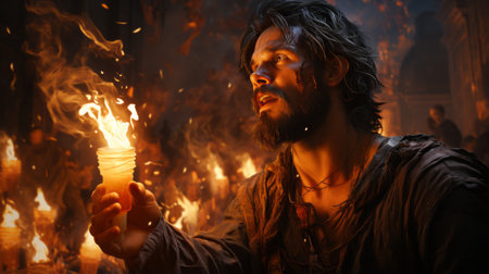 A lone man stands, gripping a cup of blazing flames, harnessing the heat and power of the fire that can both protect and consumeの素材