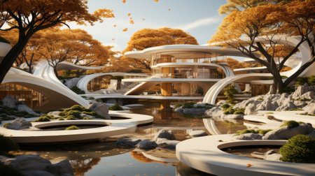 On crisp autumn day, sky is illuminated by reflection of a beautiful garden featuring a majestic building surrounded by trees and a tranquil pond, creating an awe-inspiring and peaceful outdoor oasisの素材