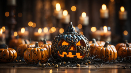 On halloween night, a group of glowing pumpkins stands illuminated against the dark backdrop of night, beckoning children with their promise of trick-or-treats and other mysterious delightsの素材