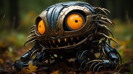 A playful outdoor toy robot with bright yellow eyes and sharp teeth evokes a sense of awe and adventureの素材