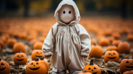 A small child stands amidst a riot of autumnal hues, wearing a vibrant pumpkin-colored costume to celebrate the spirit of halloween and the abundance of squash and gourds in the outdoor worldの素材