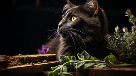 A black felidae with whiskers stands intently in an indoor setting, observing a vibrant flower with awe and admirationの素材