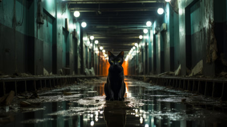 On a wet, moonlit night, a person stands in the hallway watching the reflection of light dance across the street as a cat lounges lazily in a pool of waterの素材