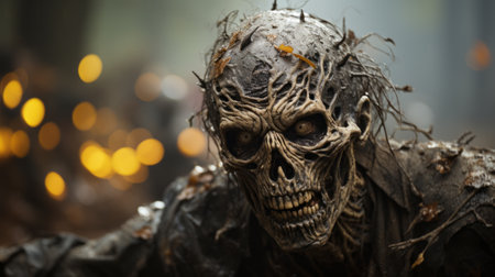 An outdoor art piece featuring a skull-emblazoned garment evokes a sense of mystery and wildnessの素材