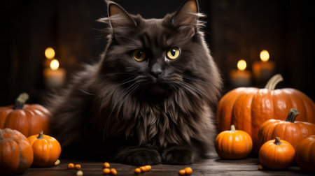 On a crisp autumn day, a majestic calico cat lounges among an assortment of vibrant pumpkins, basking in warm glow of the seasonal festivities and connecting with nature from the comfort of indoorsの素材