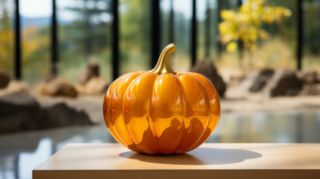 A vibrant orange pumpkin perched atop a wooden table in the crisp autumn air, evoking the warmth and joy of the seasonの素材
