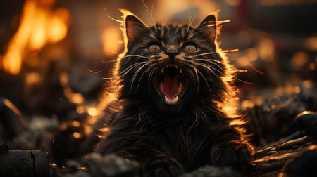 A curious cat with bright eyes and whiskers gleefully opens its mouth, inviting viewers to explore the wild and enigmatic nature of animalsの素材
