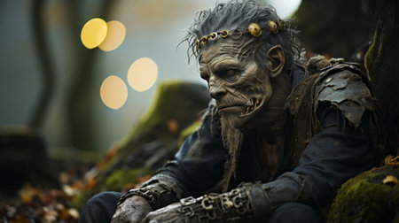 An elegantly-dressed man sits atop a rocky outcrop, creating a striking and timeless statue that captures the beauty of the great outdoorsの素材