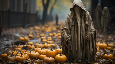 On a crisp autumn day, a ghost in a vibrant garment stands amidst a sea of pumpkins, celebrating the season of halloween with nature's bountiful gift of squash and gourdsの素材