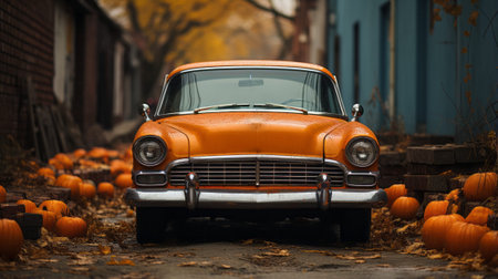 On a spooky halloween night, an eye-catching orange car parked on the ground between two pumpkins created an enchanting scene of vehicle and squashの素材