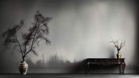 A thick fog of mystery fills the room, illuminated by a majestic tree that stands in the center of the furniture-filled space, bridging the gap between the outdoors and the indoorsの素材