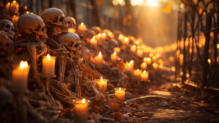 On a dark halloween night, a chilling scene of burning candles illuminating a group of skulls scattered across the outdoor ground creates a hauntingly beautiful atmosphereの素材