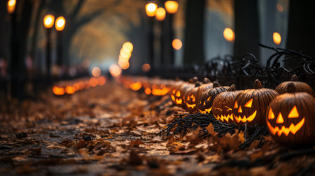 On a crisp autumn night, a row of glowing jack-o-lanterns illuminated the ground, their fiery orange calabazas providing a harvest of warmth and lightの素材