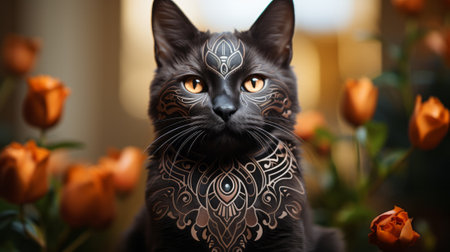 A mysterious black cat stares intently at the viewer, its whiskers twitching as a vibrant flower tattoo adorns its face, symbolizing the unbridled spirit of the wild mammal living indoorsの素材