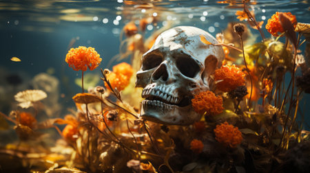 A riot of color erupts from the reef, as exotic fish and vibrant plants dart between the skull resting silently beneath the surface of the aquarium's mysterious watersの素材