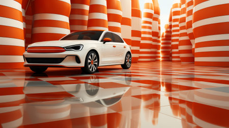 A brilliant white car sits atop its four shining wheels, a proud symbol of strength and style against the backdrop of vibrant orange and white striped columnsの素材