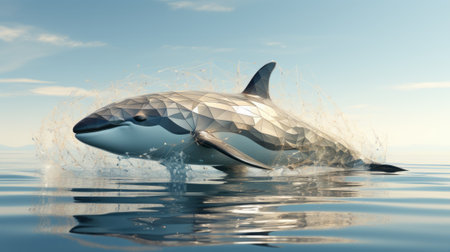 A majestic dolphin leaps out of the crystal-clear ocean, its fins silhouetted against the azure sky as it soars through the air in a moment of pure wildlife beautyの素材