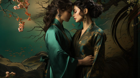 A vibrant painting of two women dressed in striking green robes captures the essence of beauty, art, and femininity within a captivating indoor settingの素材