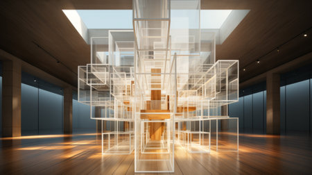 An inviting indoor space of glass, wood, and artfully-designed architecture radiates with a warm, welcoming light, creating an inviting atmosphere to admire the beauty of its unique floor and ceilingの素材