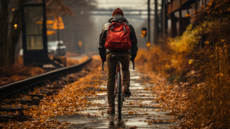 A person rides a bicycle on a winding autumn path, the red wheels of the vehicle standing out against the dark train tracks beneathの素材
