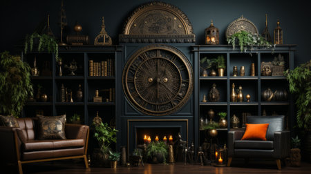 In the cozy room, a vase of vibrant houseplants adds life and color to the furniture, while the ticking of the clock serves as a gentle reminder of the passing of timeの素材