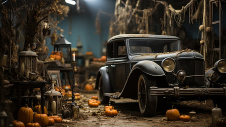 The old-fashioned vehicle, parked outdoors among the pumpkins and candles, seemed to be a strange yet beautiful blend of the earthy and the surrealの素材