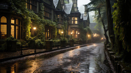 On a stormy night, a lone street lined with houses illuminated by warm yellow lights stands out against a dark sky, with a river winding its way around the corner of the cityの素材