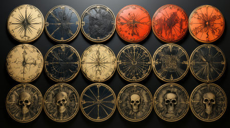A hauntingly beautiful collection of round coins, each adorned with metal skulls and compasses, glimmers in the light, inviting adventure and explorationの素材