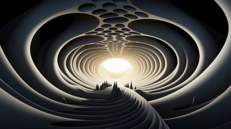The symmetrical spiral stairs illuminated by the artful light in the background create an entrancing tunnel of beautyの素材