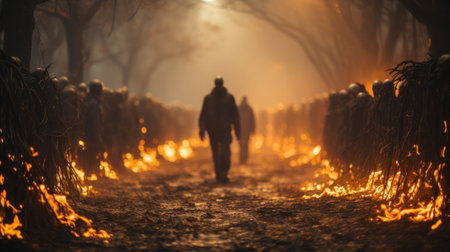 On a warm night, a group of people illuminated by the fire's flame gathered around the outdoor bonfire to bask in the heat of nature's beautyの素材