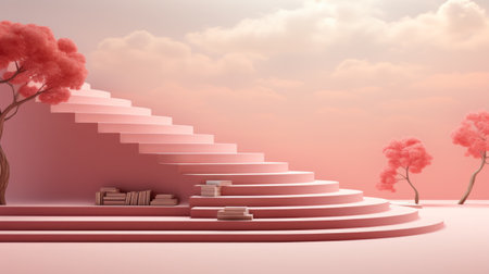 An outdoor scene of an ethereal pink sky with wispy clouds, a vibrant pink tree, and a glowing pink staircase beckons the viewer into a surreal infrared world of beauty and wonderの素材