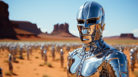 A lone robot stands against the vast desert sky, its metallic helmet reflecting the ever-changing outdoor landscapeの素材