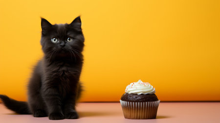 A whimsical black cat with twinkling whiskers stands alongside a colorful cupcake, tempting the viewer to indulge in a delicious indoor dessertの素材