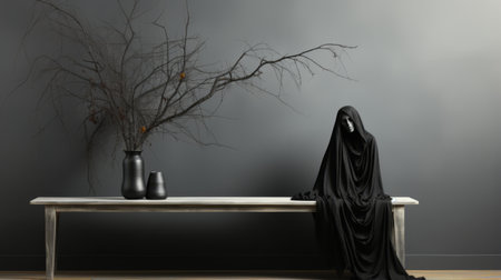 A lone figure shrouded in a veil of mystery sits quietly on a fog-enshrouded bench, surrounded by the comforting walls of an indoor room decorated with elegant furniture and a delicate vaseの素材