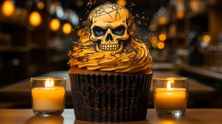 The flickering candlelight illuminates the menacingly playful skull-emblazoned cupcake, creating a haunting yet cozy atmosphere indoorsの素材