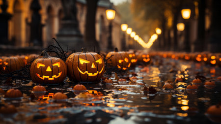 On a crisp autumn day, a group of festive pumpkins, illuminated by the afternoon sun, rest peacefully in a shallow pool of water, a cheerful reminder of the beloved holiday of halloweenの素材
