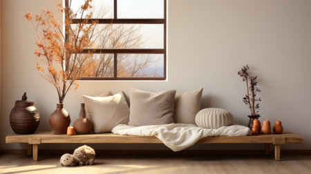 A warm and inviting room design, featuring a cozy couch with soft pillows and a luxurious blanket draped in front of a sunlit window, creates a perfect spot to relax and rejuvenateの素材