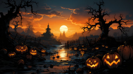 As the sun sets behind a vibrant sky, its afterglow illuminates a tranquil landscape of a river adorned with pumpkins and a distant building, inviting viewers to appreciate the beauty of natureの素材