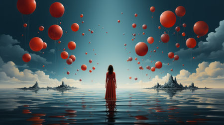 A mesmerizing woman adorned in a red dress stands in the midst of rippling water, surrounded by a sea of scarlet balloons dancing beneath the expansive skyの素材
