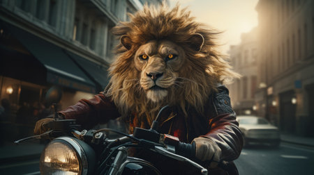 A fierce lion straddles his motorcycle, decked out in a leather jacket and cruising down the street past towering buildings and spinning wheels, embodying the essence of adventure and freedomの素材