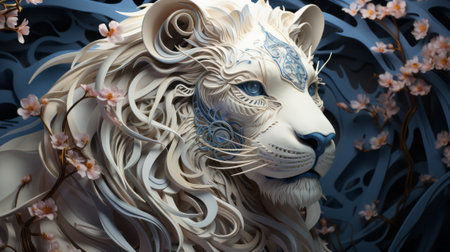 A majestic white lion, with piercing blue eyes and adorned with delicate flowers, stands as a stunning outdoor statue, embodying the fierce yet delicate beauty of the natural world through artの素材