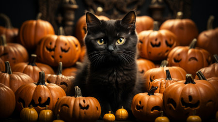 A curious calico cat lounges amidst a sea of vibrant pumpkins, the perfect indoor jack-o-lanterns for a playful felineの素材