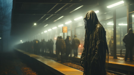 A lone figure stands amidst fog, their clothing blending into mist as they wait on deserted train platform, surrounded by echoes of distant voices and haunting glow of streetlights in nightの素材