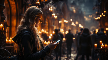 In the dimly lit street, a woman's attention is captured by her phone, the soft glow of a candle adding to the ambiance as she stands in the midst of the bustling outdoor worldの素材