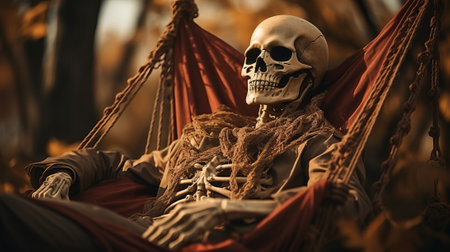 A cranium sways in a hammock, a haunting reminder of life's temporary embraceの素材