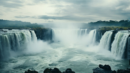 The untamed force of nature roars as the crystal water cascades down the rocky cliff, surrounded by billowing clouds and endless skies, creating a breathtaking outdoor landscapeの素材