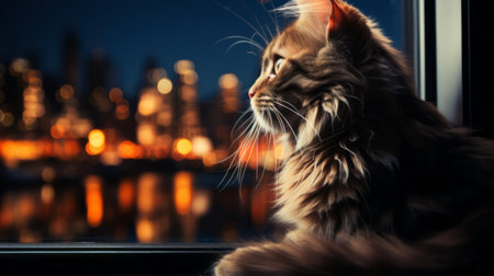 A majestic feline gazes upon the world through a window, its reflective eyes revealing the untamed spirit of this whiskered mammalの素材