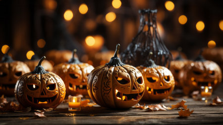 A harvest of twisted, grinning gourds beckon to the dark spirits of halloween, their fiery eyes illuminating the shadows with a primal energyの素材