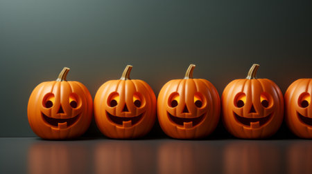 A festive row of cucurbita calabaza gourds, intricately carved into jack-o-lanterns, brings the spirit of halloween to life indoors for trick-or-treatersの素材