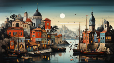 An ethereal painting captures the bustling energy of a city by the sea, as moonlit boats glide through the shimmering water under a star-studded sky, blending architecture and natureの素材